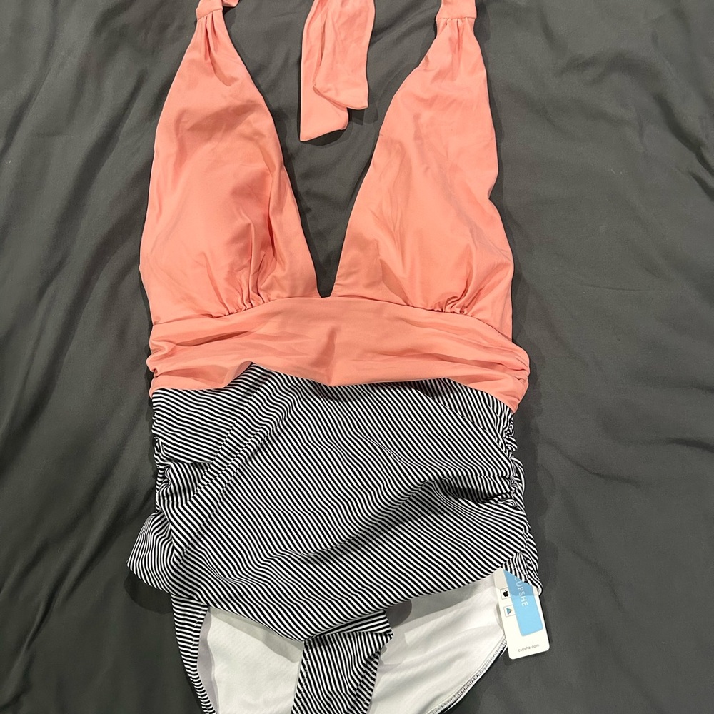 Cupshe Coral Halter One-Piece with Black & White Stripes